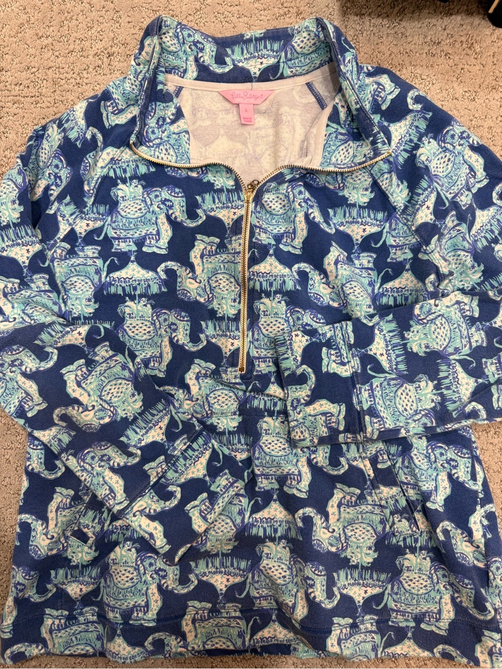 Lilly Pulitzer Navy and Aqua Elephant-Print Half Zip Pullover